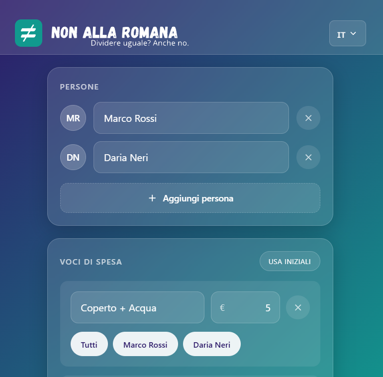 Non alla Romana - App per dividere il conto